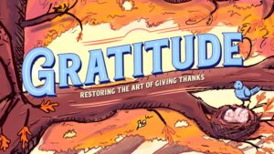 Autumn tree background with the word "Gratitude"